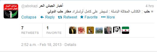 "Free Syrian Army News: The brave combatant units are now in control of the airport highway in Aleppo."