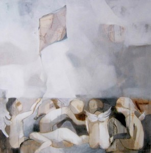 ريم يسوف/ "لم تعد الملائكة تريد أن ترى"/ قياس: 100×100 سم / تقنيات مختلفة على قماش