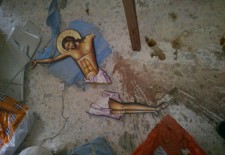A broken icon inside the Harasta church. Photography by Razan Zeitouneh