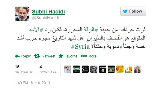 "Assad's rats fled the liberated city of Raqqa, so his expected reaction was to attack it by air raids. Has history seen a war criminal that is more debased, coward, bloodthirsty or hateful?"
