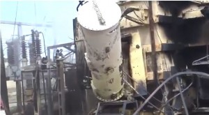 The main power distribution station in Maarat Al-Nu'man after it was shelled in March. Credit: YouTube.